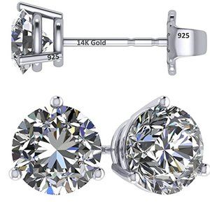 14K Gold Post & Sterling Silver Pure Brilliance Zirconia 3 Prong Martini Style